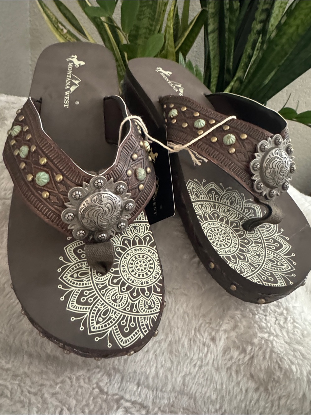 Montana West Brown Wedge Sandal with Metal Embellishments - Size 11